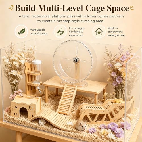 Large Hamster Platform Set Wooden Hamster Cage Accessories 7PCS | large size hamster cage platform natural wood hamster hide hamster accessories hamster wheel for Syrian Hamsters Gerbils Mice - color: 7PCS