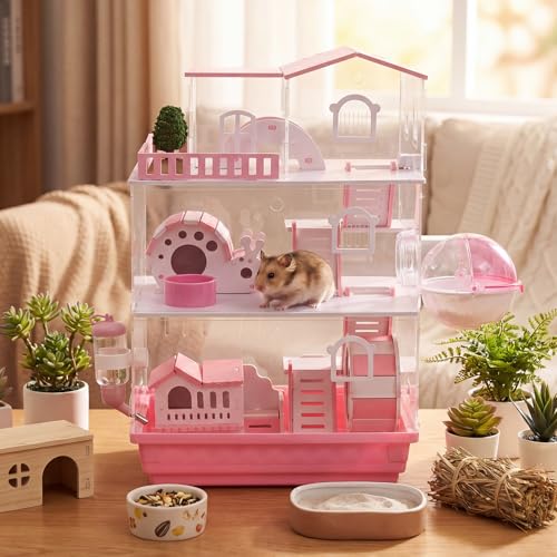 Eccliy 15 in 1 Clear 3-Layer Acrylic Hamster Cage with All Accessories, 20 x 13.7 x 10 Inch Dwarf Hamster House, Magnetic Connection Small Pet Enclosure, Garden Style Mouse Cage for Pet Mice - color: Pink