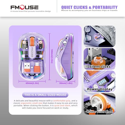 FMOUSE Transparent Wireless Mouse, Tri-Mode Bluetooth & 2.4GHz, Purple | USB-A & USB-C Receiver | Rechargeable | 3 Devices for MacBook Laptop iPad PC | Silent Clicks | Portable | RGB | 4-Level DPI - color: Purple