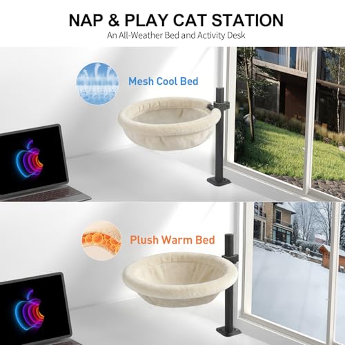Cat Desk Bed, Reversible Cat Hammock for Desk Use, Clamp-On Metal, Cream | 360 Rotating, Height Adjustable, Supports up to 45lbs, Machine Washable, Large Cats & Kittens, Indoor, Office & Game Tables - color: White