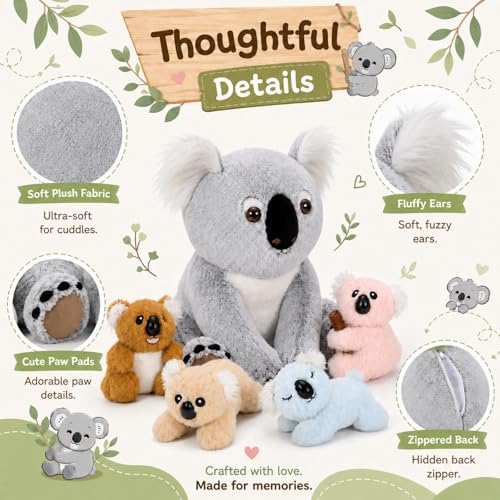 Koala Plush Toy with Babies, 17.7“ Wild Animal Stuffed Animal | Mother and Baby Plushies; Zipper Belly Storage; Hide-and-Seek Play; Soft Cuddly Companion; Christmas Birthday Gift for Kids - style: Koala Gray