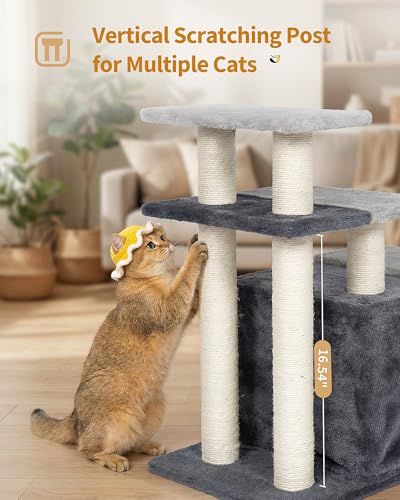 Aechonow 4-Tier Cat Stairs for High Bed with 22'' Cat Scratching Post | Pet Steps for Doggies Rabbit Ferret, Adjustable Cat Cave, Grey, Extra Large - size: Extra Large-Gray