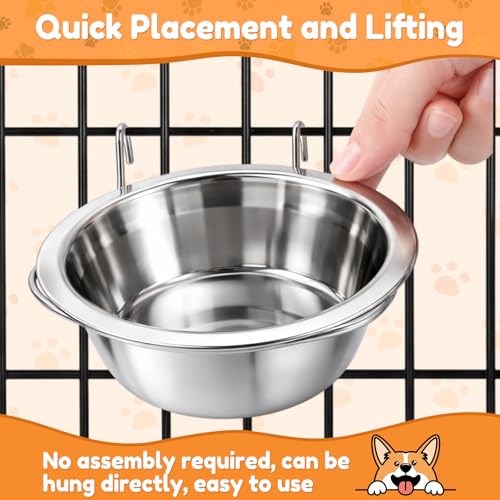 6 Pack Hanging Dog Kennel Bowls, No Spill Crate Water Bowl Food Feeder for Cage Removable Coop Cup with Hook Holder for Puppy Small Cat Ferret Rabbit Stainless Steel Dogs Dish 10 & 20oz