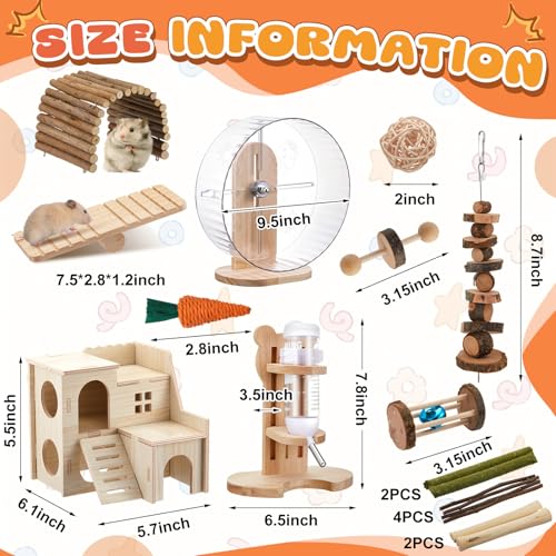 18 Pcs Hamster Cage Accessories Silent Hamster Wheel 15 Toys Set | Maze Wood House and Water Bottle Set for Rat Mice Small Animals Habitat Decor Enrichment Starters(Fun Interactive Style) - style: Fun Interactive Style
