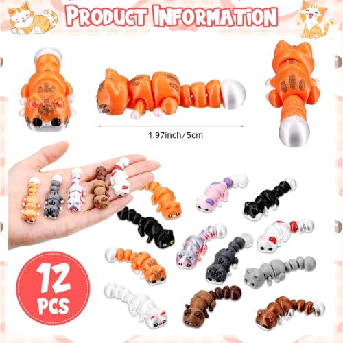 Honoson 12 Pcs 3D Printed Animals 5-7cm, Cute Cat | Articulated Fidget Animals, Flexible 3D Printed Figures for Stress Relief, Cute Mini Joints for Party Favors and Display - size: 5-7cm, style: Cute Cat