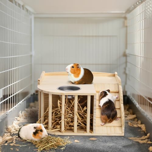 Coloch Wooden Guinea Pig Castle with Hay Feeder, Large Chinchilla Hideout with Feeding Bowl&Ladder Multi-Chamber Guinea Pig House for Guinea Pigs, Chinchillas, Hedgehogs