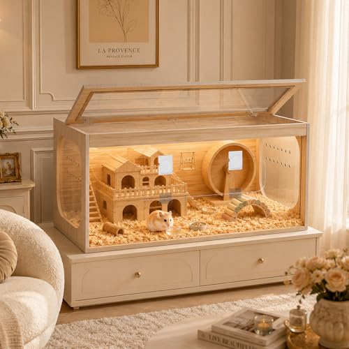 32" Large Wooden Hamster Cage with Lockable Front Access Door & Openable Top, Thick Acrylic Panels, Ventilated Hamster Habitat for Syrian Hamsters, Dwarf Hamsters, Gerbils, Guinea Pigs