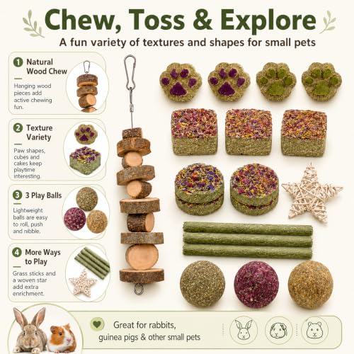 Grddaef Rabbit Toys, Guinea Pig Toys 17Pcs Natural Timothy Hay Bunny Chews and Treats for Hamster Chinchilla Gerbil - color: 17 Pcs