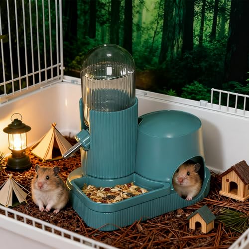 3 in 1 Hamster Water Bottle No Drip Automatic Water Dispenser with Food Bowl Container & Hideout Base Hut for Dwarf Hamster Mouse Rat Gerbils Mice Cage Accessories (Blue) - color: Blue