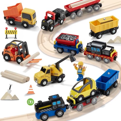 Giant bean 12Pcs Vehicles Battery Operated Train Car Set, Magnetic Mini Construction Set for Wooden Train Track, Bulk Car Toys for Toddlers Boys Girls Kids 3 4 5, Fits for Most Brands | Magnetic Mini Construction Set for Wooden Train Track, Bulk Car Toys