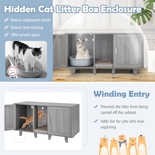 PETSITE Litter Box Enclosure for 2 Litter Boxes, Hidden Cat Washroom TV Stand End Table with 2 Cabinet, Scratching Board, Indoor Cat Litter Furniture (Grey Wash), Patented - color: Grey Wash