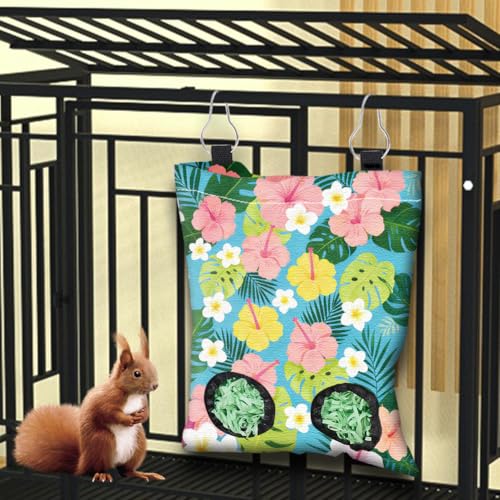 2Pcs 2 Styles Guinea Pig Hay Feeder Rabbits 11.6 x 9.1 Inch Tropical Flowers Design, Hanging Hay Holder Cloth Washable Feeding Storage Bag with 2 Holes for Rabbit Bunny Chinchillas Hamsters - color: Flower-2