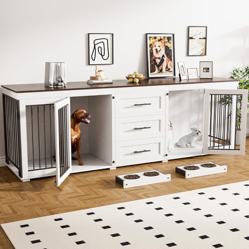 Rophefx 94.5" Dog Crate Furniture for 2 Dogs, Wooden Kennel TV Stand, White | Indoor double dog house with 3 storage drawers, 4 feeding bowls, lockable doors, and a wide top for large and medium dogs - color: White