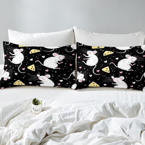 Erosebridal Kids Rat Bed Sheets Twin Mouse Rodents Sheet Set Kawaii Cute Cartoon Animal Bedding Set for Boys Girls Children Funny Wildlife Animal Fitted Sheet Cheese Food Flat Sheet, Black - color: Multi 10, size: Twin