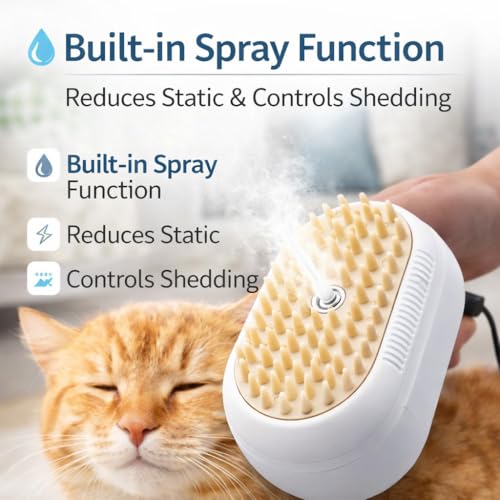 Three in One Electric Pet Grooming Brush with Fine Mist Spray | Combines massage, deshedding, and a fine mist spray to gently remove loose fur while cleaning the coat.