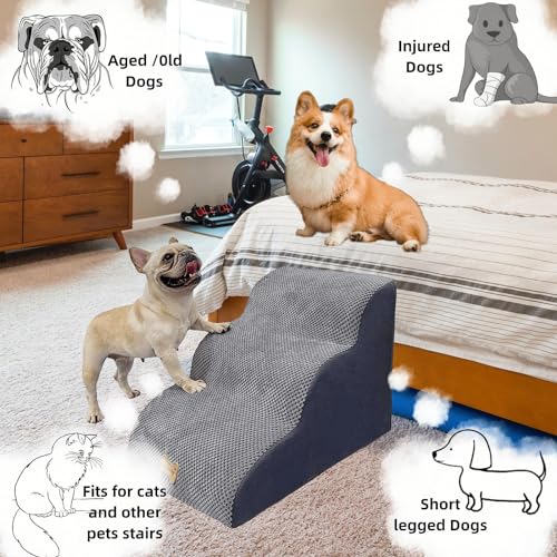 3-Step Pet Stairs for High Beds & Couches, Multi-Step Non-Slip Pet Steps with Balanced Ramp, Indoor 2/3/4/5 Steps for Small Large Cats & Pets, Anti-Slip Stickers Included, 33D Grey
