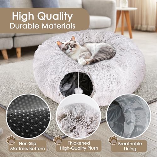 Peekaboo Cat Cave with Washable Mat, Collapsible Cat Play Tunnel for Kittens & Small Pets, Plush Cat Donut Bed Tunnel, Brown - color: brown
