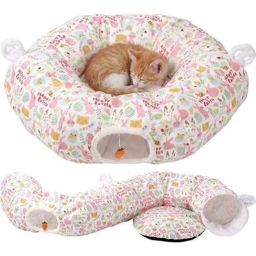 Aliceset Easter Bunny Cat Tunnel Bed for Indoor Cats 3ft x 3ft x 10in Foldable Cat Donut Tunnel with Washable Cushion Easter Rabbit Peekaboo Cave Toy for Small Kitten Kitty