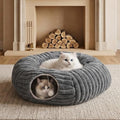Dogpals Cat Tunnel Bed Cave 33" Lx10 Wx10 H for Indoor Cats | Washable Cozy Cushion, Soft Striped Plush Fabric, Hideaway Peekaboo Cave for Kittens, Puppies, Rabbits & Small Pets - color: Deep Grey