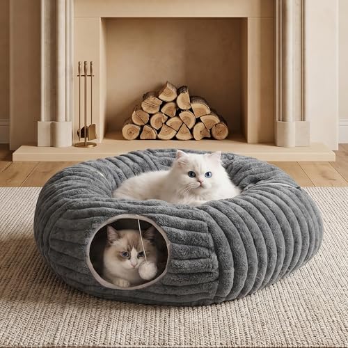 Dogpals Cat Tunnel Bed Cave 33" Lx10 Wx10 H for Indoor Cats | Washable Cozy Cushion, Soft Striped Plush Fabric, Hideaway Peekaboo Cave for Kittens, Puppies, Rabbits & Small Pets - color: Deep Grey