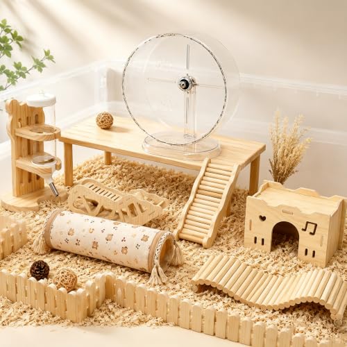 Large Hamster Platform Set Wooden Hamster Cage Accessories 7PCS | large size hamster cage platform natural wood hamster hide hamster accessories hamster wheel for Syrian Hamsters Gerbils Mice - color: 7PCS