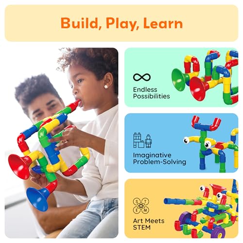 PicassoTiles PTT136 136pcs Tubular Pipes & Spout STEAM Interlocking Educational Building Block Set, Tube Locks, Pipeworks Construction Blocks w/Storage Container Box, Idea Book, Flute Musical Kit | 7 tube styles, easy-connect joints, idea guide, storage c