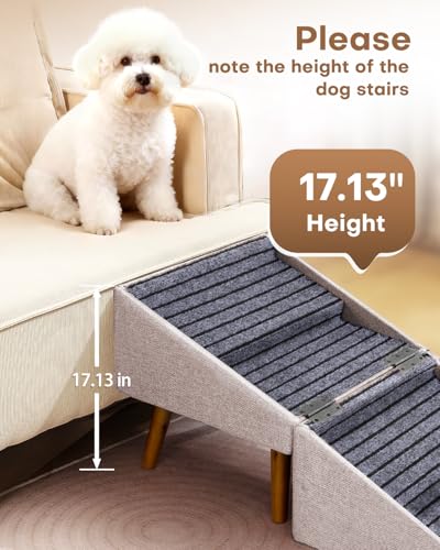 Split Ottoman Dog Ramp for Couch and Bed,17.13" H Dog Stairs for Small Dogs and Cats, Foldable 2 in 1 Pet Steps for Medium Large Dogs and Puppy, Non-Slip Wooden Doggie Steps - size: 17.13" H- Apricot