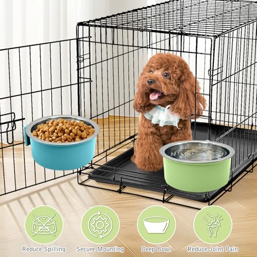 Tfwadmx 4 Pcs Crate Dog Bowl Cat Removable Stainless Steel Food and Water Feeder Hanging Cage Bowls Coop Cup with Cleaning Set for Pet Puppy Bird Rat Guinea Pig Ferret Bunny Rabbit (Light Blue&Green) - color: Light blue, light green (4 PCS)