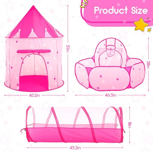 PigPigPen 3pc Kids Play Tent for Girls with Ball Pit, Crawl Tunnel, Princess Tents for Toddlers, Baby Space World Playhouse Toys, Boys Indoor& Outdoor Play House, Perfect Kid’s Gifts - style: 3PC Pink Star Play Tent