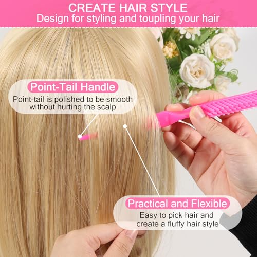 SIMPOR 3 Row Hair Comb for Natural Detangling, Hair Styling Brush, Nylon Bristle Unbraider Teasing Rat Tail Comb for Women Men Rose Pink - color: Pink