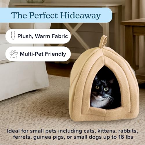 Cat House - Indoor Bed with Removable Foam Cushion - Pet Tent for Puppies, Rabbits, Guinea Pigs, Hedgehogs, and Other Small Animals by PETMAKER (Tan) | Plush Cat Tent Bed for Small Kittens, Rabbits, Guinea Pigs, and Other Small Animals, Comfortable Cozy P