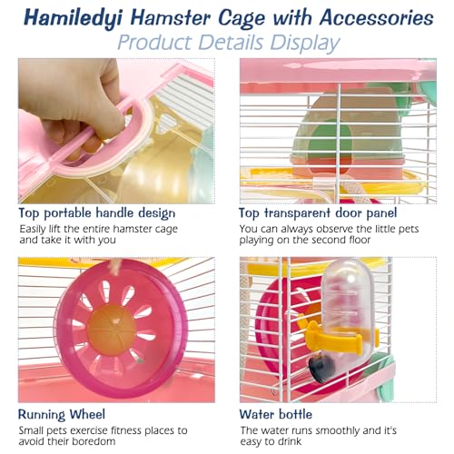 Hamiledyi Portable Hamster Cage 2 Layers Dwarf Hamster Habitat Small Animal Travel Cage with Exercise Wheel Hamster Enclosure Mouse Cage for Hamsters Mice Gerbils or Other Tiny Pets - color: Pink