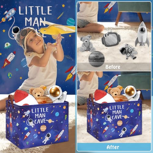 Astronaut Nursery Basket Laundry Hamper,Space Storage Basket with Inspirational Quotes, Planets Boy Room Decor Toy Box, Rectangular Rockets Clothes Book Toy Storage Bin (Blue) - color: Blue