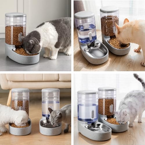 Automatic Cat Feeder and Water Dispenser with Stainless Steel Bowl Gravity Food Feeder and Waterer Set for Small Medium Dog Puppy Kitten 1 Gallon x 2(Grey) - color: Stainless Steel-Grey