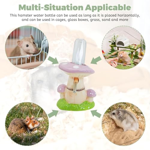 PINVNBY Hamster Water Bottle No Drip Ceramic Automatic Gerbil Water Bottle 80ML Water Dispenser with Mushroom Stand Holder for Gerbils Syrian Hamsters Dwarf Hamsters Mice (Purple) - color: Purple