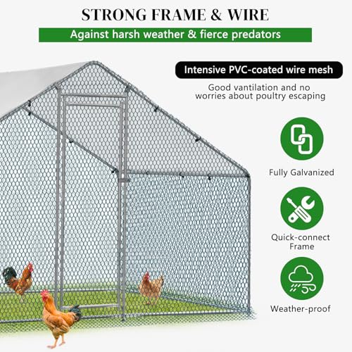 Outvita 6.5 x 6.5 FT Metal Chicken Coop Walk-in Poultry Run Pen | Waterproof Cover and Large Habitat Design Support Chickens and Small Animals in Yard Farm Patio - color: Silver, size: 78.0"L x 74.0"W x 78.0"H