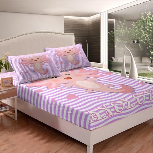 Axolotl Bed Sheets Kawaii Axolotl Bedding Set Twin Size Pink Cute Animal Sheet Set For Kids Boys Girls Teens Gift Room Decor Geometric Stripes Lines Fitted Sheet Cute Pet Flat Sheet, Purple - color: Multi 18, size: Twin