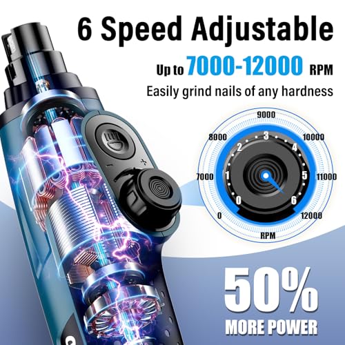 Casfuy Smart 6-Speed Dog Nail Grinder - 50% More Power Pet Nail Grinder with 2 LED Lights Quiet Rechargeable Electric Dog Nail Trimmers File Toenail Grinder for Large Medium Small Dogs & Cats (DB) - color: Dark Blue