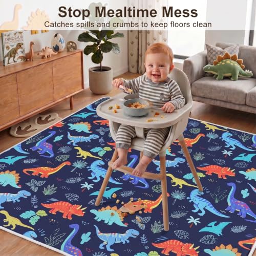 Basumee Splat Mat for Under High Chair, Waterproof & Mess-Proof Floor Mat | 46"×42" Baby Splash Mat, Non Slip Bottom, 4-Layer Fabric, Food & Liquid Catcher, Machine Wash for Boy Girl, Meals, BLW, Craft - color: Navy Dinosaur, size: 46x42 Inches