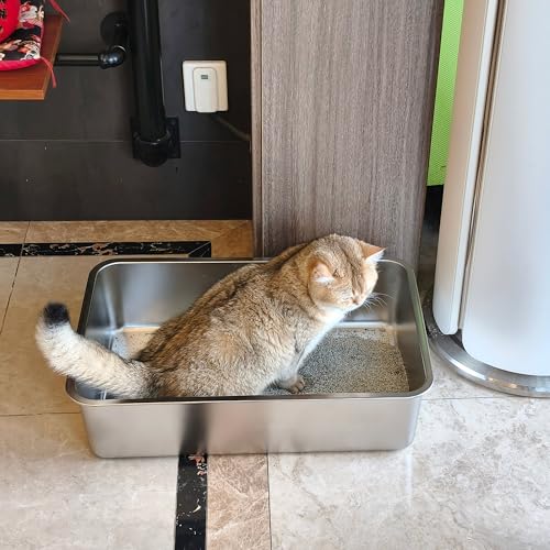 Stainless Steel Litter Box -6in High Side, | Metal Litter Box for Cat/Kitty/Rabbits，Stainless Steel Cat LitterBox-Metal PanToilet,No Smell, Non Stick, Easy Clean - color: M - 17" L x 13" W x 6" H