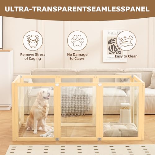 Clear Acrylic Dog Playpen Indoor with Solid Wood Frame, 10 Panels Clear Dog Playpen for Small Dogs, Easy Assembly Acrylic Pet Pen, Safe and Sturdy Play Area for Puppy Rabbit Indoor
