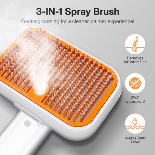 Dog Brush for Shedding & Cat Brush for Indoor Cats: 3-in-1 Cool Mist Spray Groomer – Self-Cleaning & Waterproof – Effortless Detangling, Deshedding & Bathing for Long/Short Haired or Water-Averse Pets