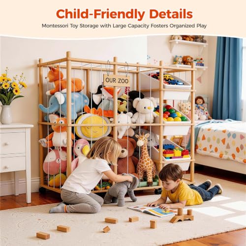 Toy Storage Organizer with 3 Removable Bins, Kids Storage Toy Shelf Organizer for Stuffed Animal Holder for Bedroom Playroom Nursery | Wood & White