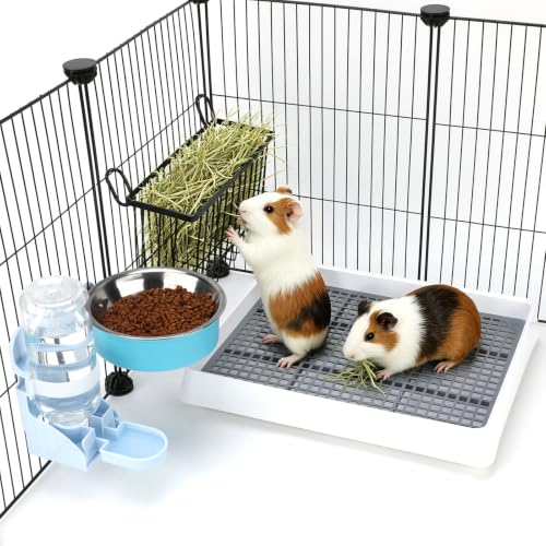 FHTONGE 4 in 1 Guinea Pig Litter Box with Feeder Combo Set for Cage | Metal Hay Rack, Water Bottle, Food Bowl, Low Entry Trainer Tray, Bunny Toilet and Feeder for Small Animal Rodent Ferret Rat - size: 14.6x12x2.6"(40x30x6cm)