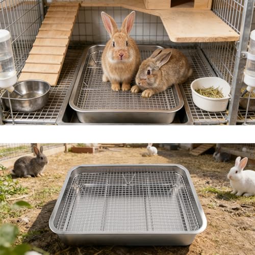 kathson Stainless Steel Rabbit Litter Box,Metal Litter Tray for Rabbits,Large Space Stainless Steel Bunny Litter Pan with Grid,Small Animal Toilet Training Accessories for Cats Guinea Pig Hamster