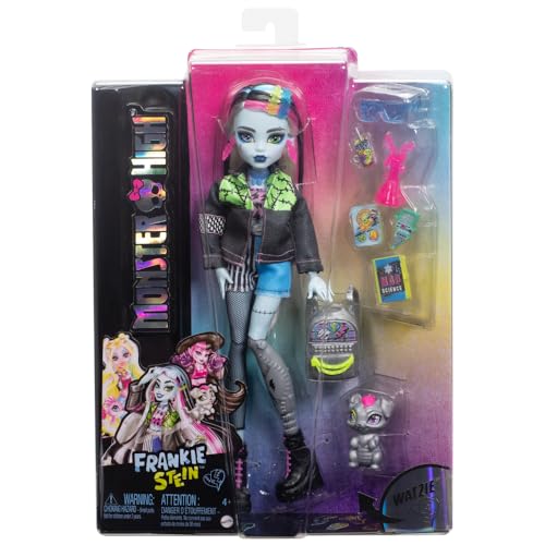 Monster High Frankie Stein Doll in Denim Jacket and Shorts, Includes Pet Dog Watzie and Accessories Like a Backpack, Snack and Notebook - style: Frankie Stein