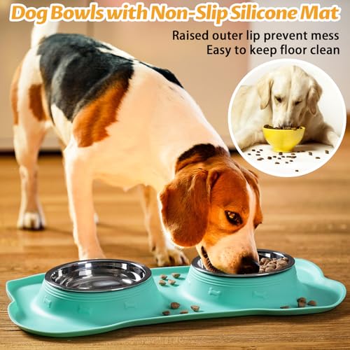 Hubulk Pet Dog Bowls 2 Stainless Steel Dog Bowl with No Spill Non-Skid Silicone Mat + Pet Food Scoop Water and Food Feeder Bowls for Feeding Small Medium Large Dogs Cats Puppies (Small, Mint Green) - color: Mint Green, size: Small
