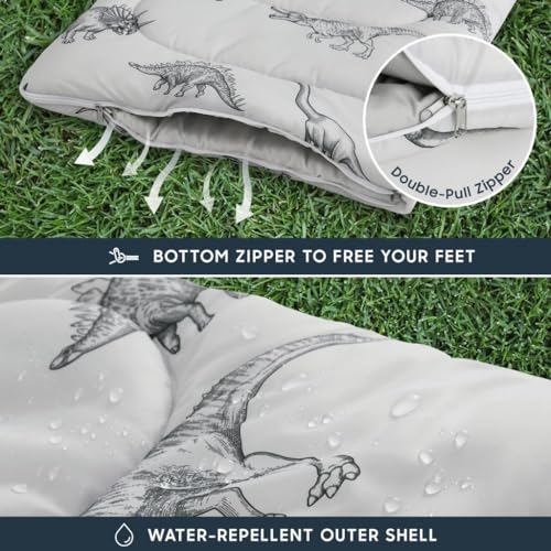 Wake In Cloud - Kids Sleeping Bag for Boys Toddlers, Camping in Warm Cold Weather, Backpacking Lightweight Compact Outdoor Liner for 3 Seasons, Dinosaur Sketch - color: Light Gray
