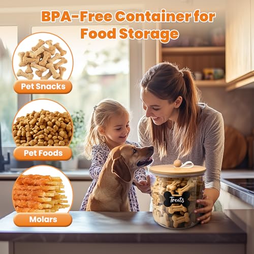 HOYTAMDAR 3 Pack Airtight Dog Treat Containers Bamboo Lids, Dog Treat Jars | Dog Food Storage Container with Scoops, Clamps, Labels and Marker, Dog & Cat Treat Holder - color: Wood - 3 Pack