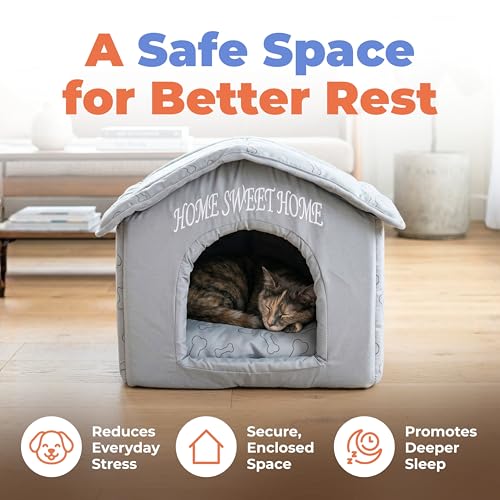 Best Pet Supplies Cat Bed for Indoor Cat, Domed Tent House with Removable Pillow, Covered Cat Cave for Small Dog, Puppies and All Breeds of Cats - Silver w/ Bones, 16 x 16 x H:14" - color: Silver w/ Bones, size: 16" x 16" x H:14"